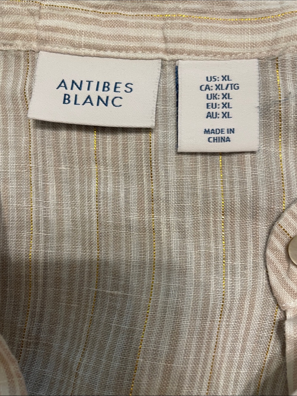 Antibes Blanc Linen Blend Tunic Shirt Women’s XL Beige Gold Stripe Button Front - Picture 6 of 11
